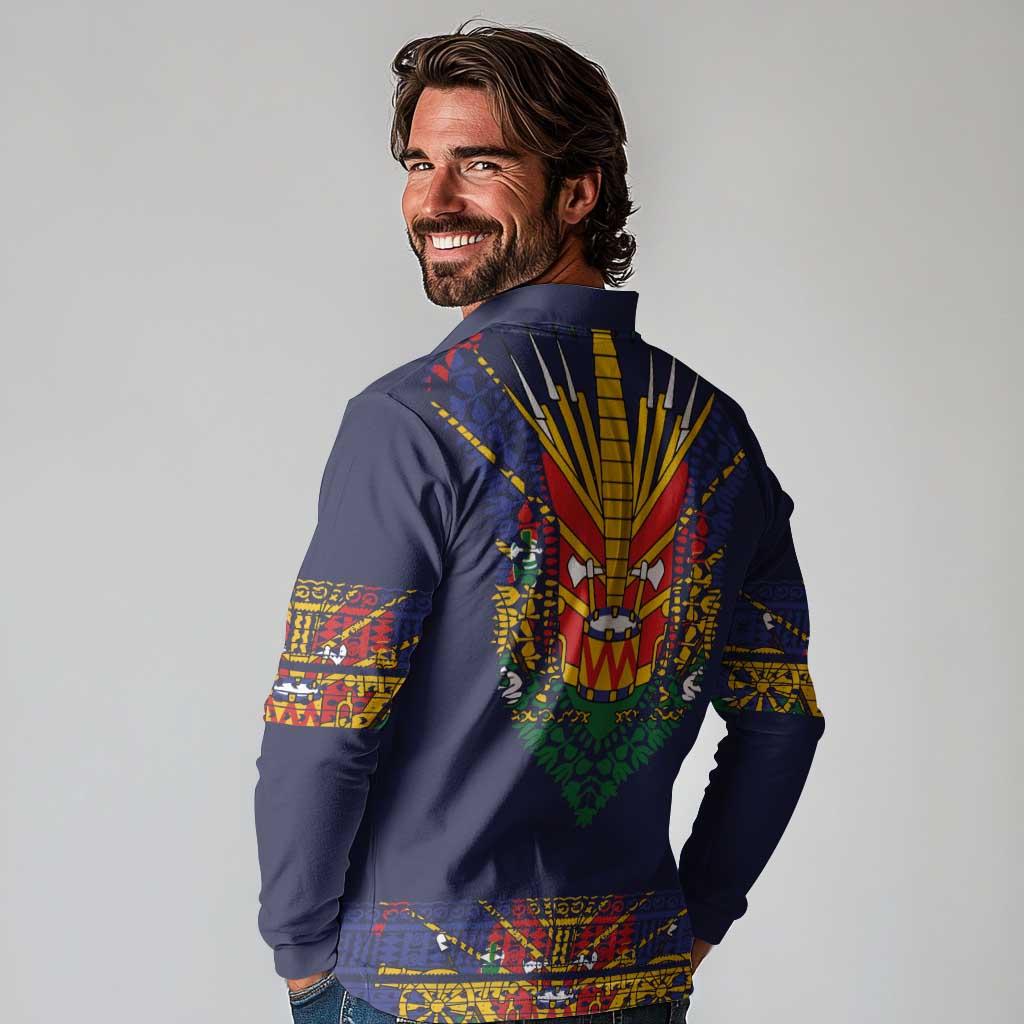 Haiti Flag Traditional Dashiki Long Sleeve Polo Shirt Black Color