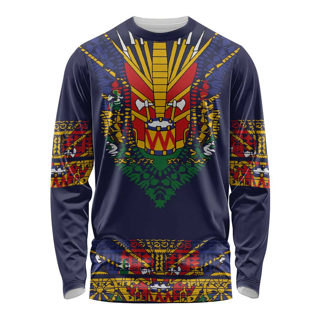 Haiti Flag Traditional Dashiki Long Sleeve Shirt Black Color
