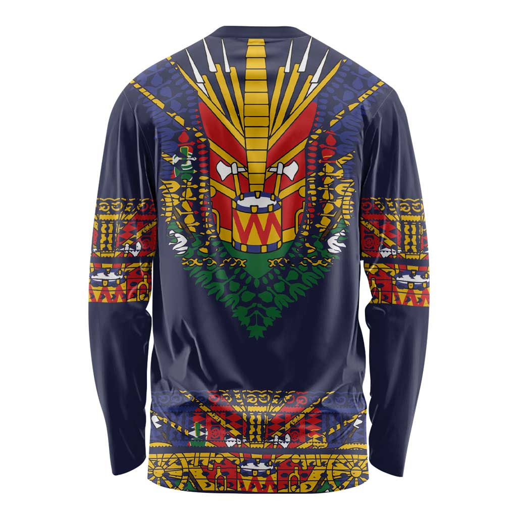 Haiti Flag Traditional Dashiki Long Sleeve Shirt Black Color