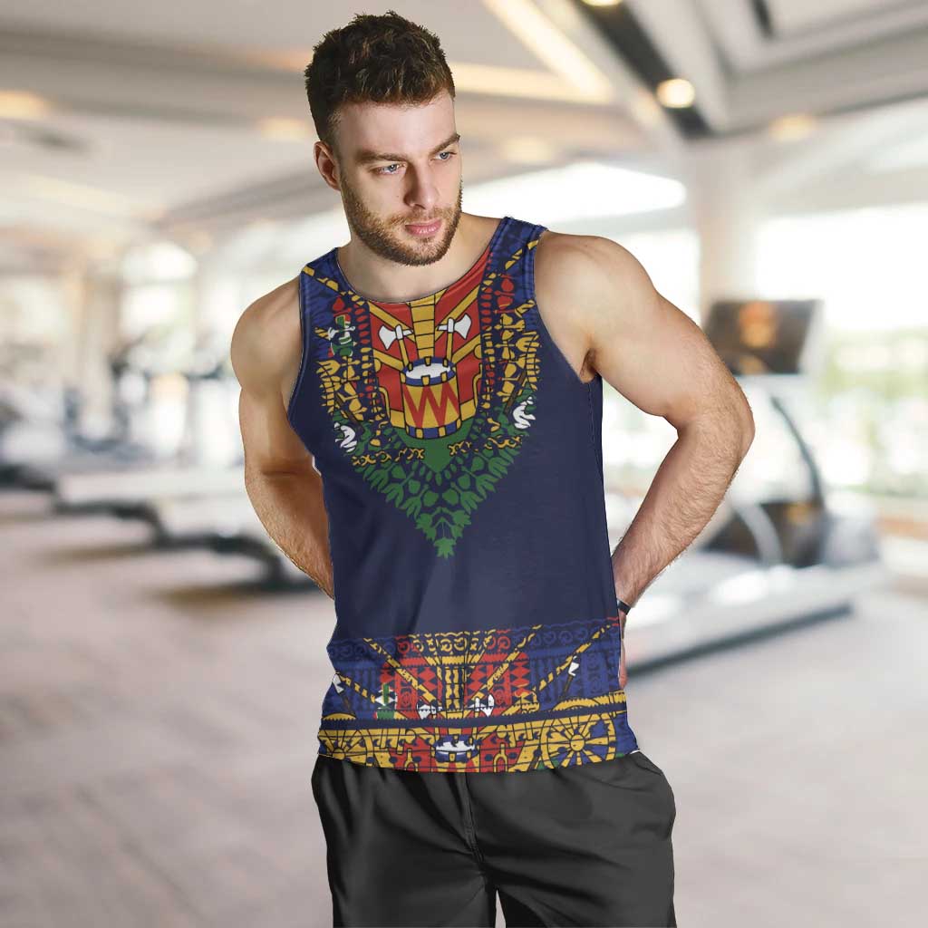 Haiti Flag Traditional Dashiki Men Tank Top Black Color