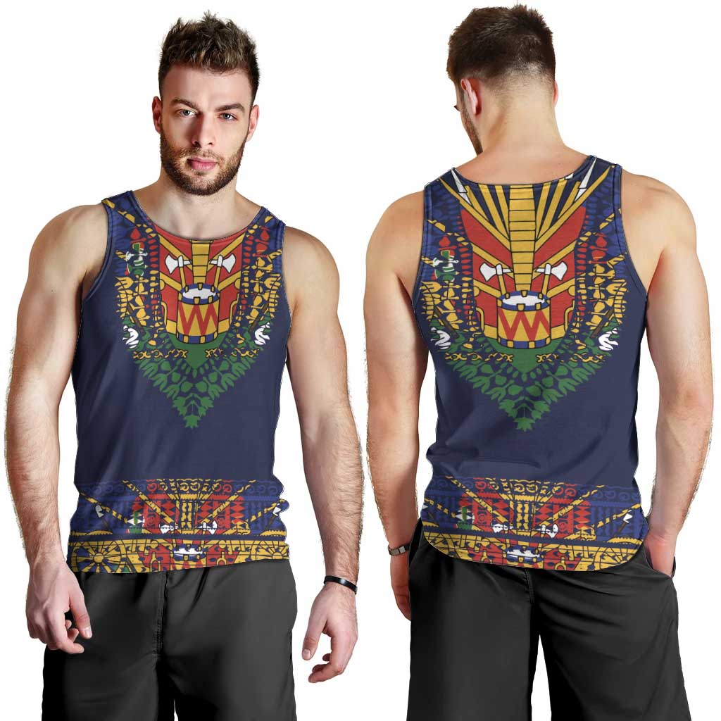 Haiti Flag Traditional Dashiki Men Tank Top Black Color