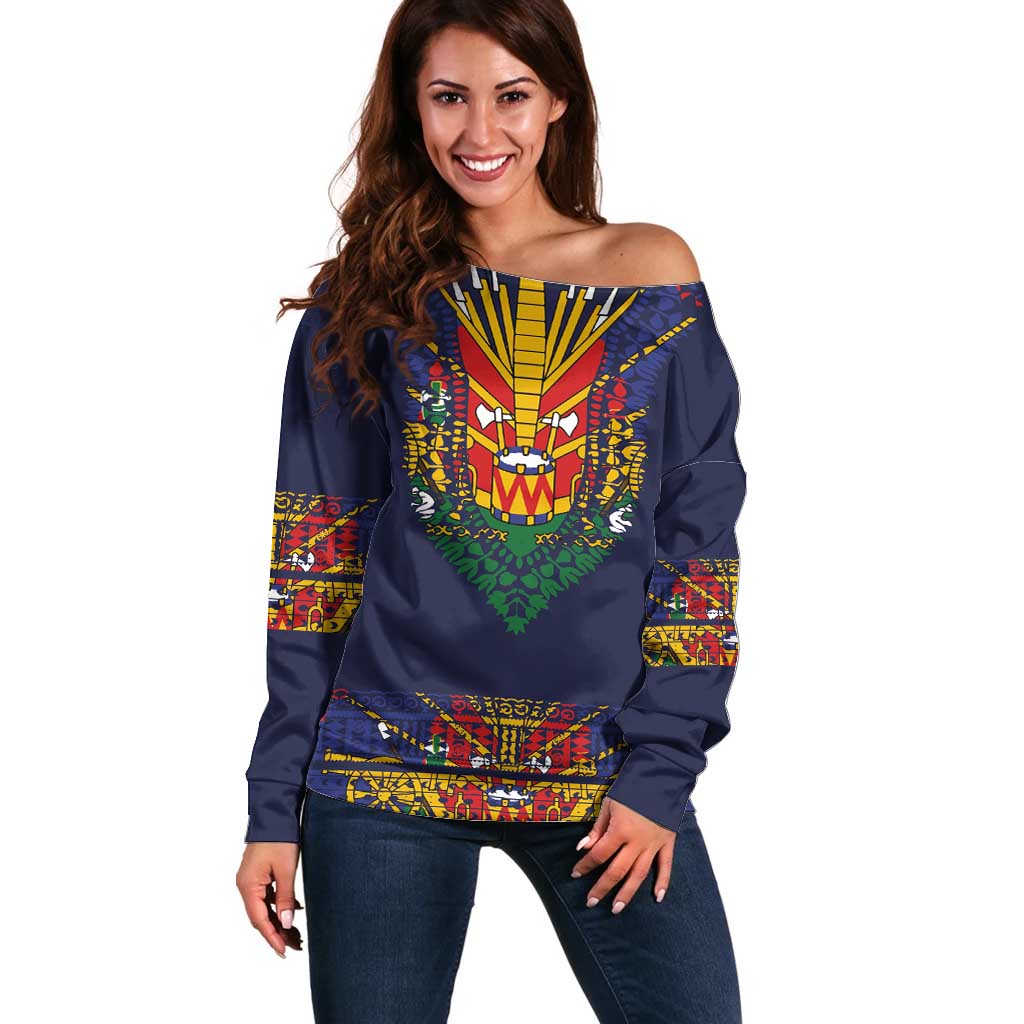 Haiti Flag Traditional Dashiki Off Shoulder Sweater Black Color