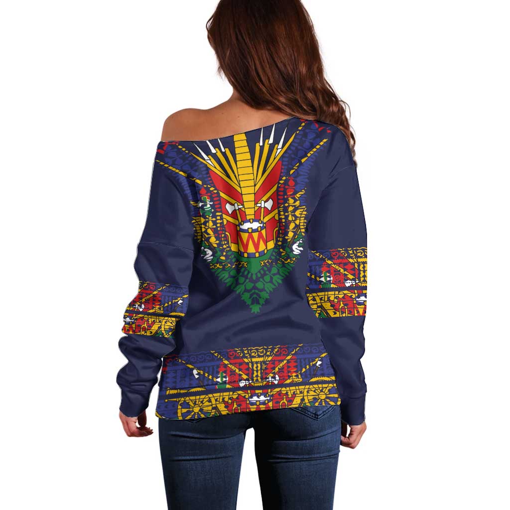 Haiti Flag Traditional Dashiki Off Shoulder Sweater Black Color