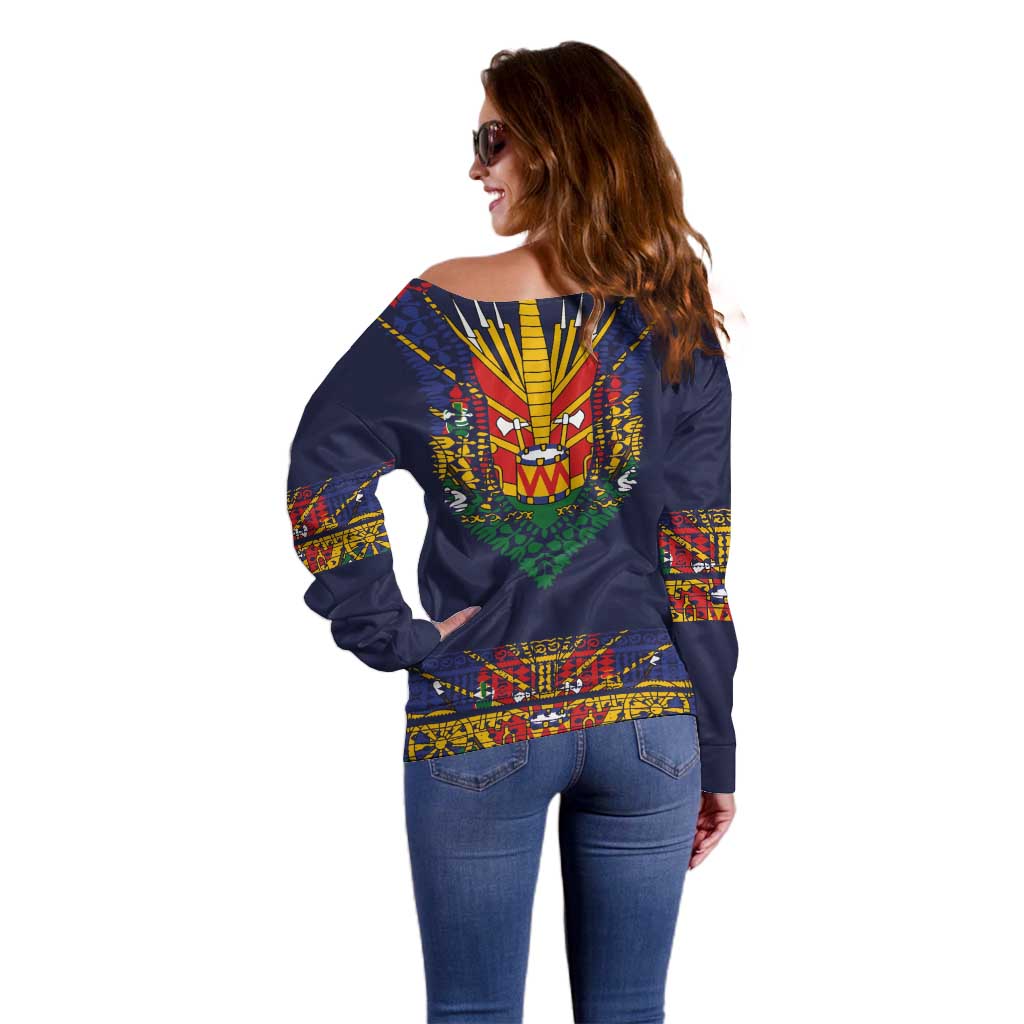 Haiti Flag Traditional Dashiki Off Shoulder Sweater Black Color