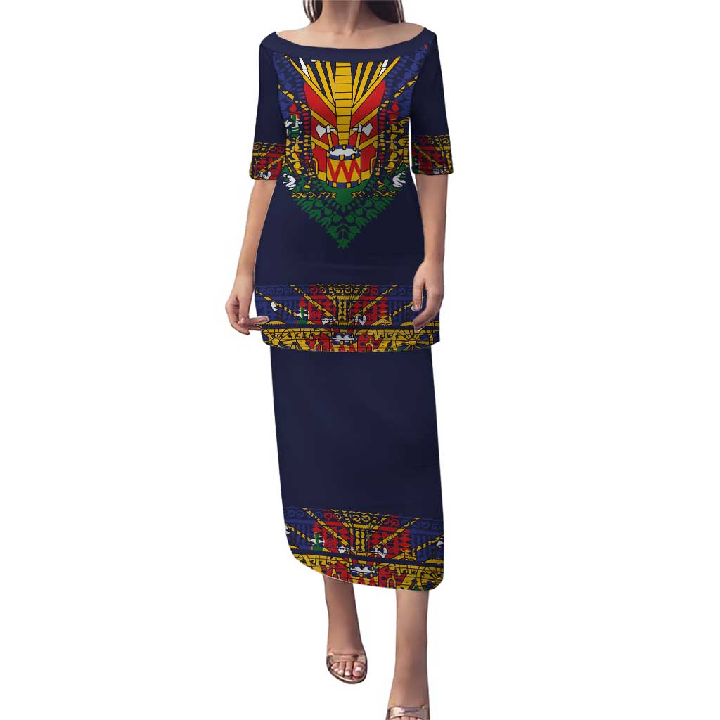 Haiti Flag Traditional Dashiki Puletasi Black Color
