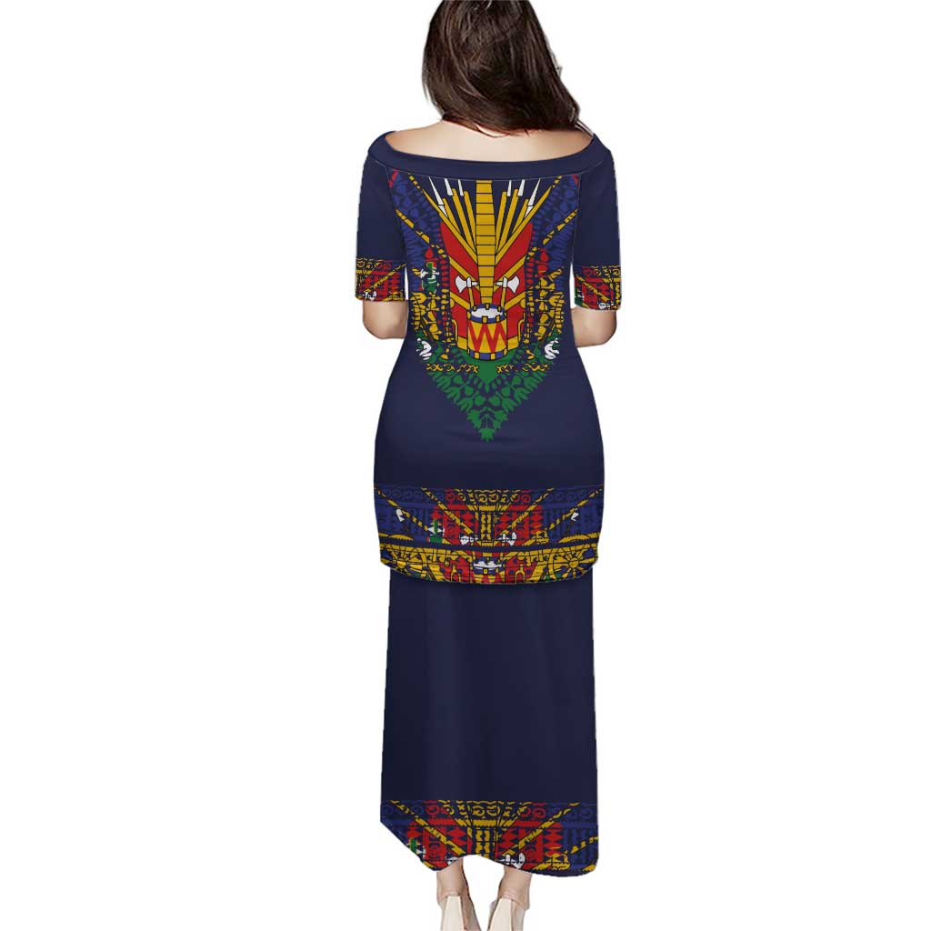 Haiti Flag Traditional Dashiki Puletasi Black Color