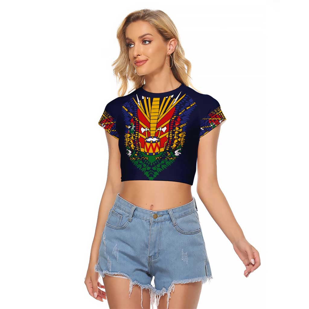 Haiti Flag Traditional Dashiki Raglan Cropped T Shirt Black Color