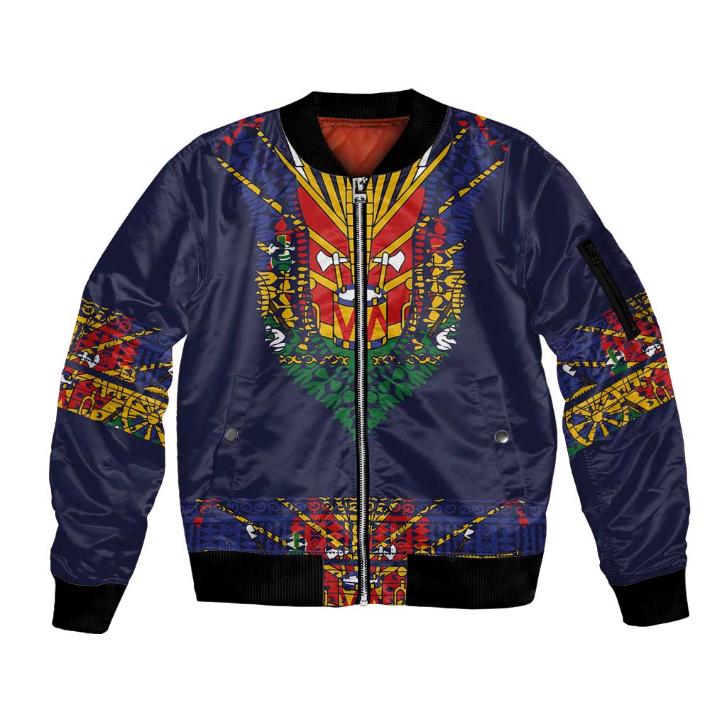 Haiti Flag Traditional Dashiki Sleeve Zip Bomber Jacket Black Color
