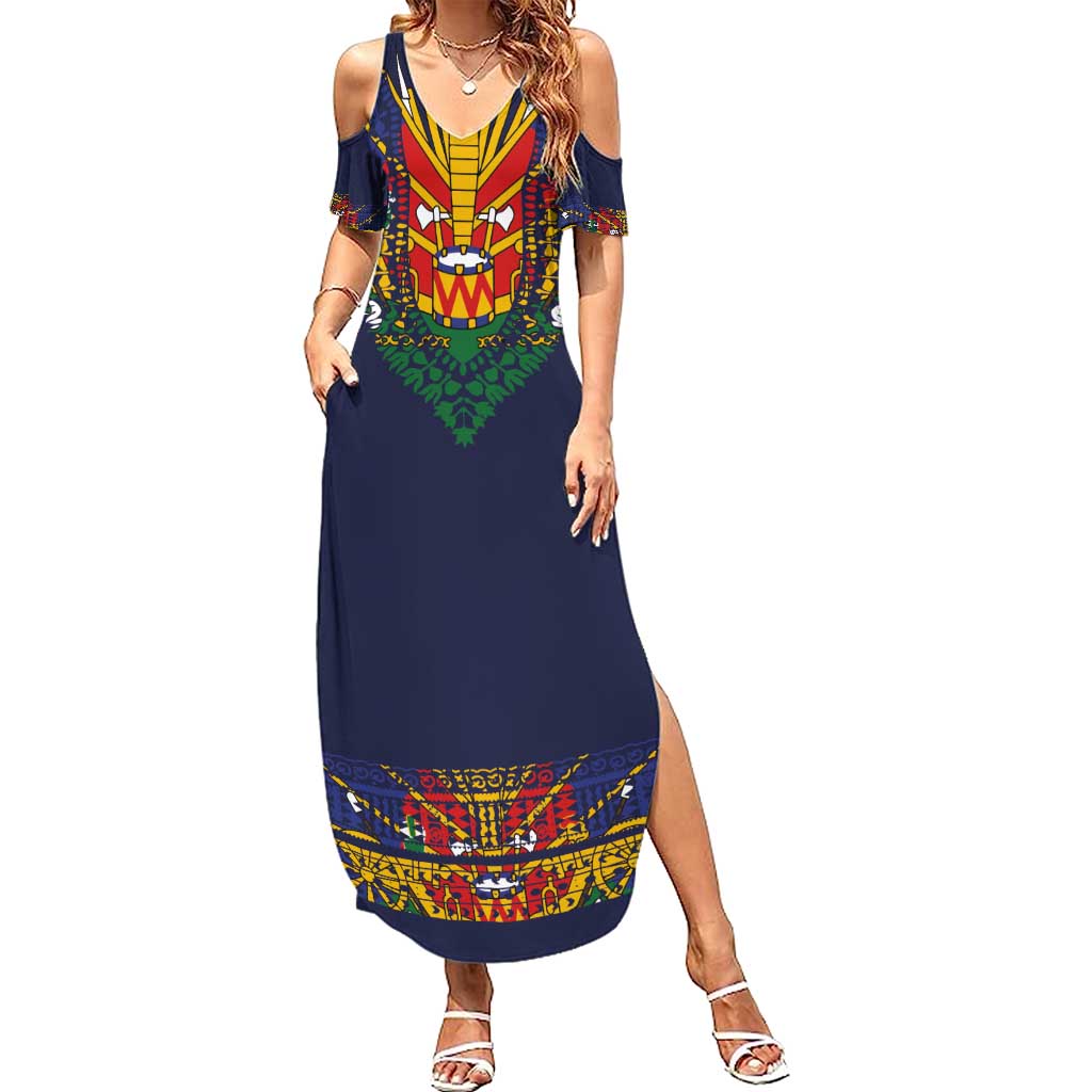 Haiti Flag Traditional Dashiki Summer Maxi Dress Black Color