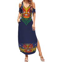 Haiti Flag Traditional Dashiki Summer Maxi Dress Black Color