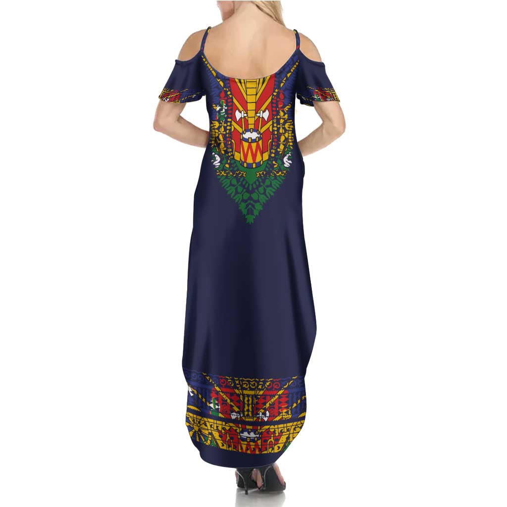 Haiti Flag Traditional Dashiki Summer Maxi Dress Black Color