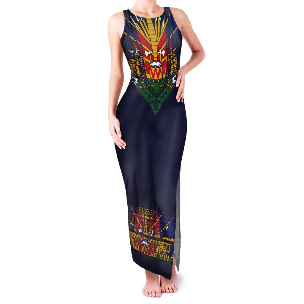 Haiti Flag Traditional Dashiki Tank Maxi Dress Black Color