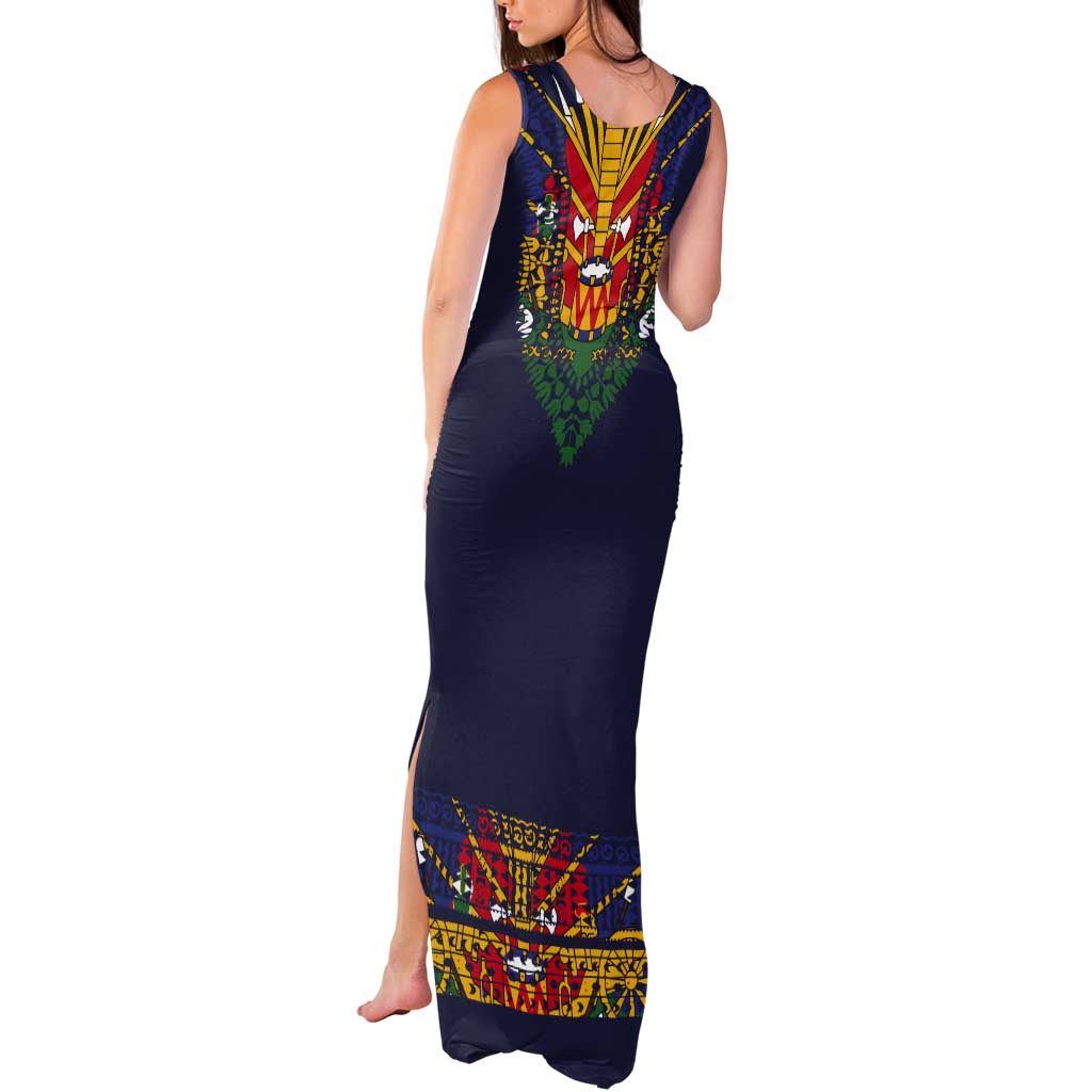 Haiti Flag Traditional Dashiki Tank Maxi Dress Black Color