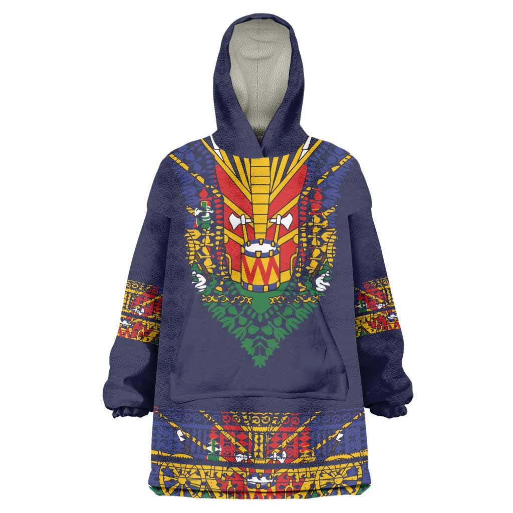 Haiti Flag Traditional Dashiki Wearable Blanket Hoodie Black Color