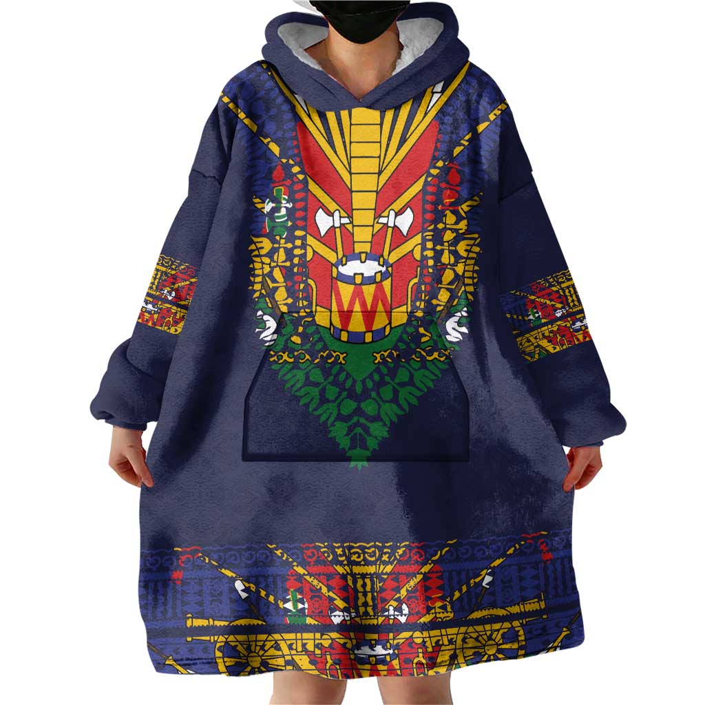 Haiti Flag Traditional Dashiki Wearable Blanket Hoodie Black Color