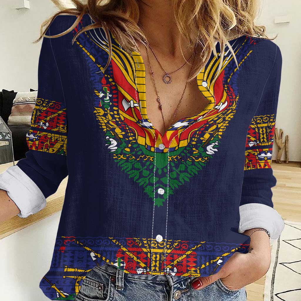 Haiti Flag Traditional Dashiki Women Casual Shirt Black Color