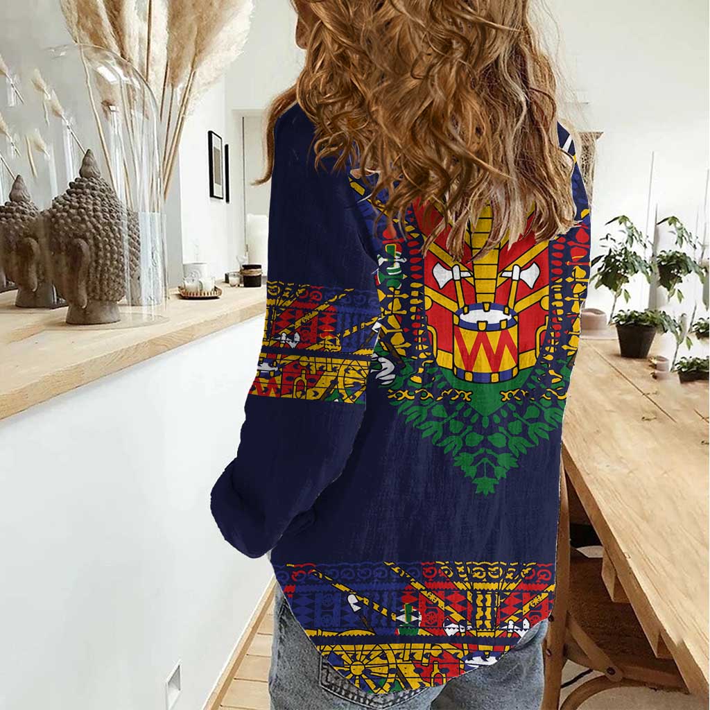 Haiti Flag Traditional Dashiki Women Casual Shirt Black Color
