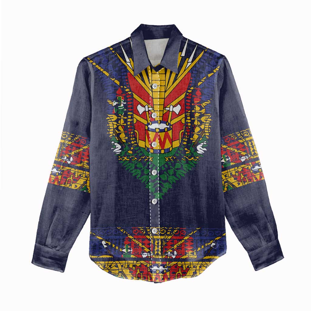 Haiti Flag Traditional Dashiki Women Casual Shirt Black Color