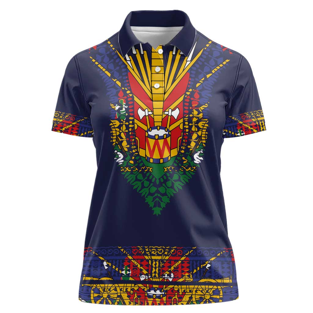 Haiti Flag Traditional Dashiki Women Polo Shirt Black Color