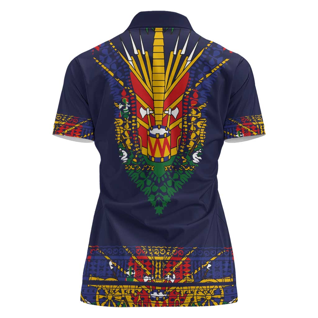 Haiti Flag Traditional Dashiki Women Polo Shirt Black Color