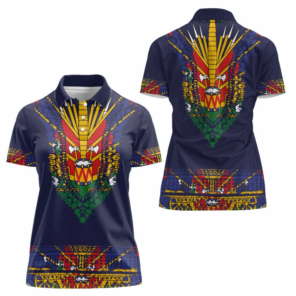 Haiti Flag Traditional Dashiki Women Polo Shirt Black Color