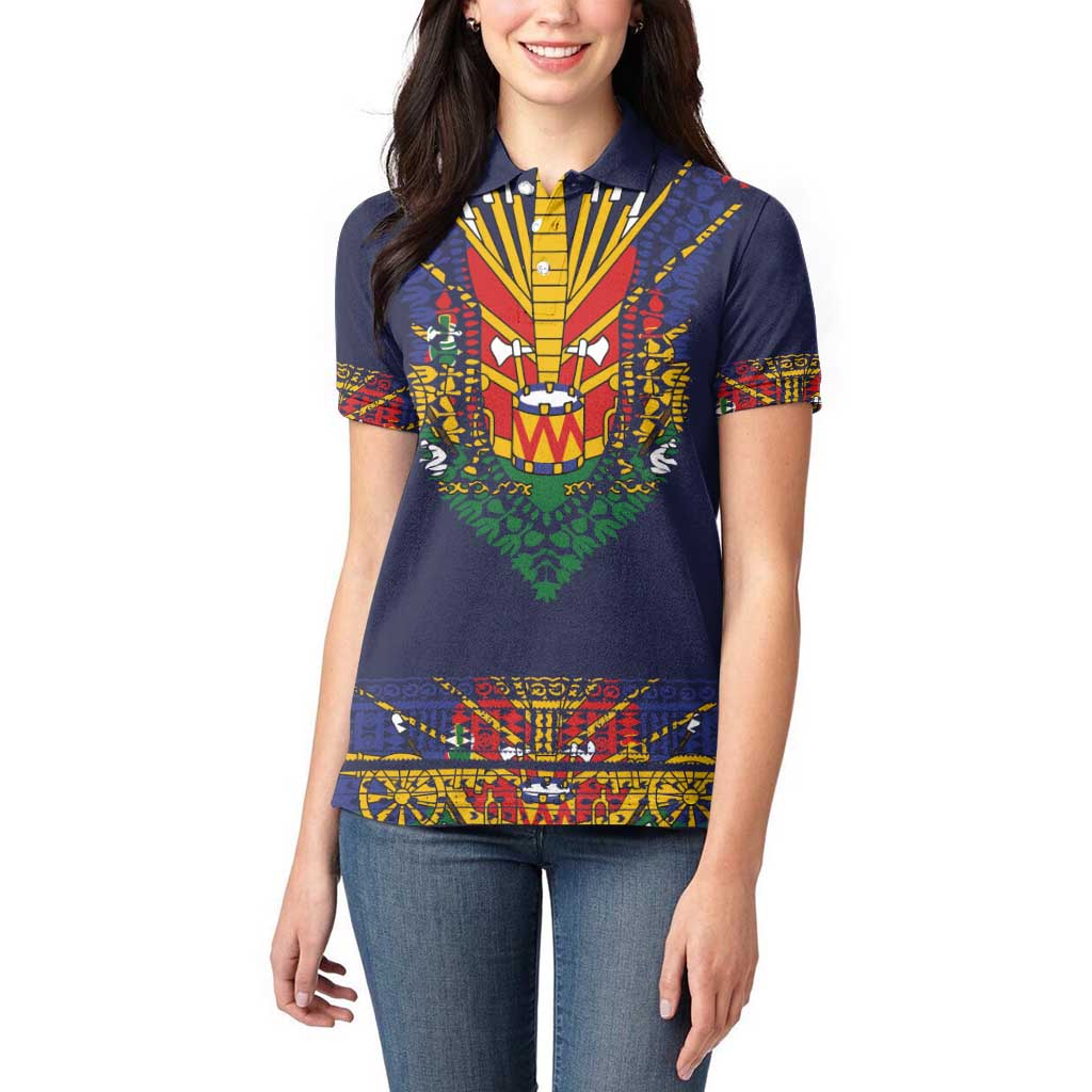 Haiti Flag Traditional Dashiki Women Polo Shirt Black Color