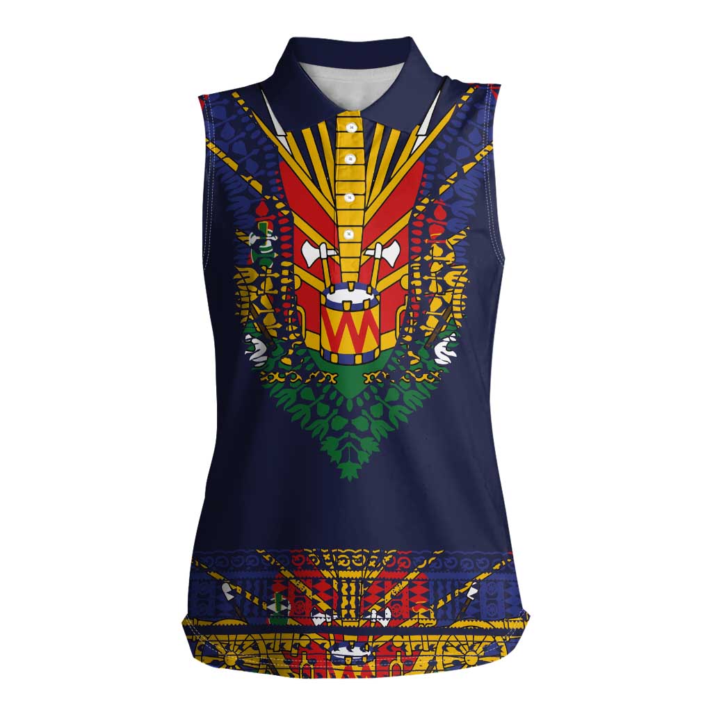 Haiti Flag Traditional Dashiki Women Sleeveless Polo Shirt Black Color