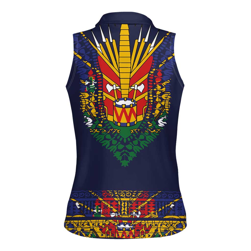 Haiti Flag Traditional Dashiki Women Sleeveless Polo Shirt Black Color