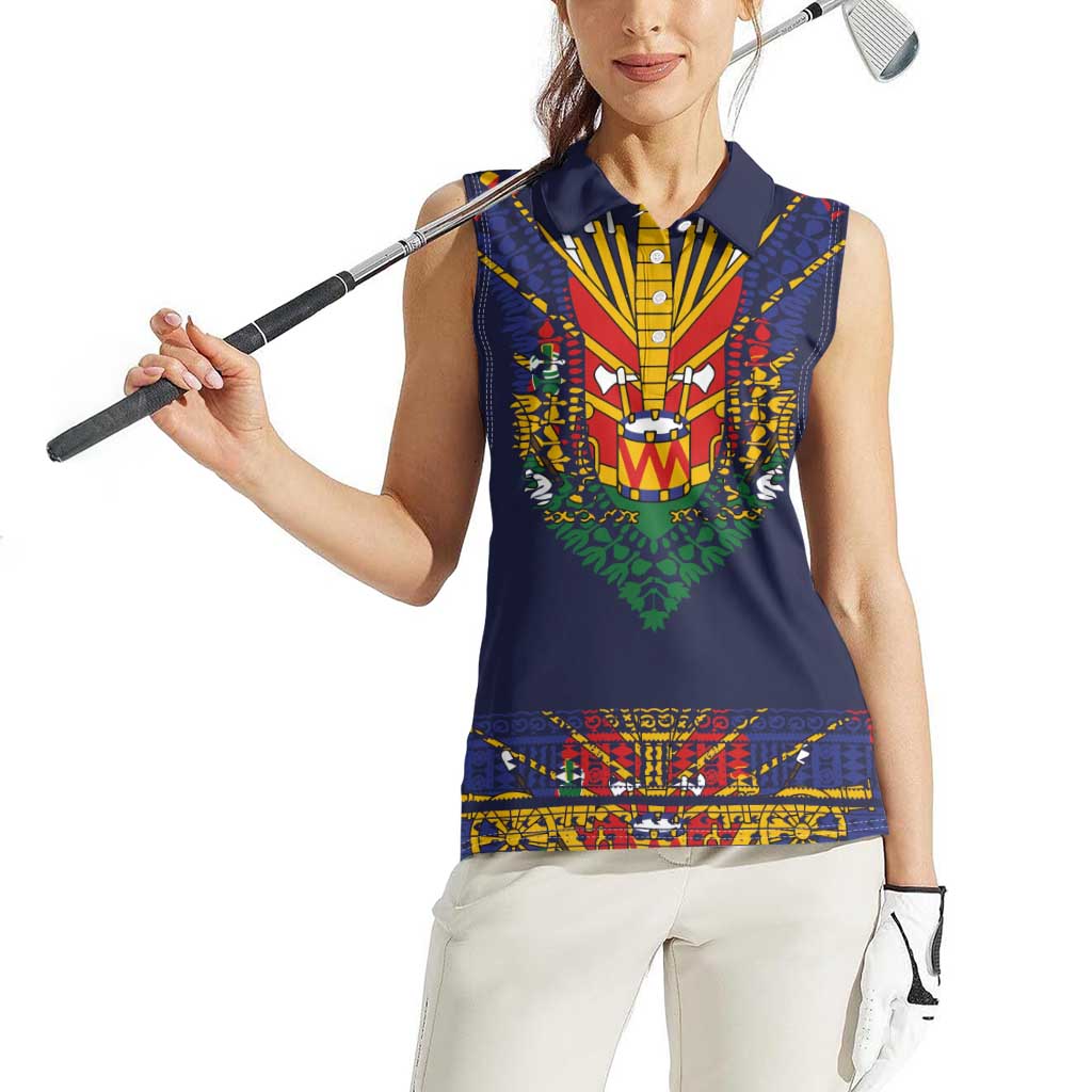 Haiti Flag Traditional Dashiki Women Sleeveless Polo Shirt Black Color