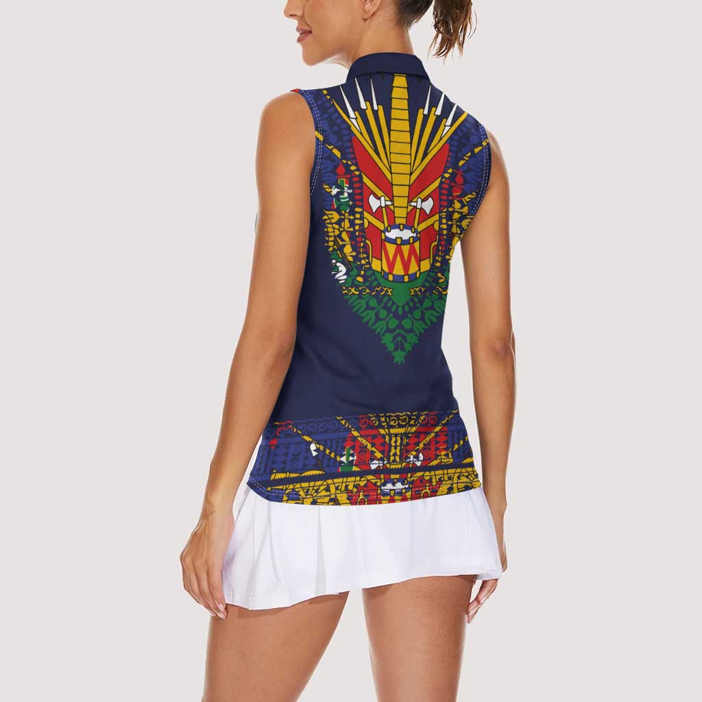Haiti Flag Traditional Dashiki Women Sleeveless Polo Shirt Black Color
