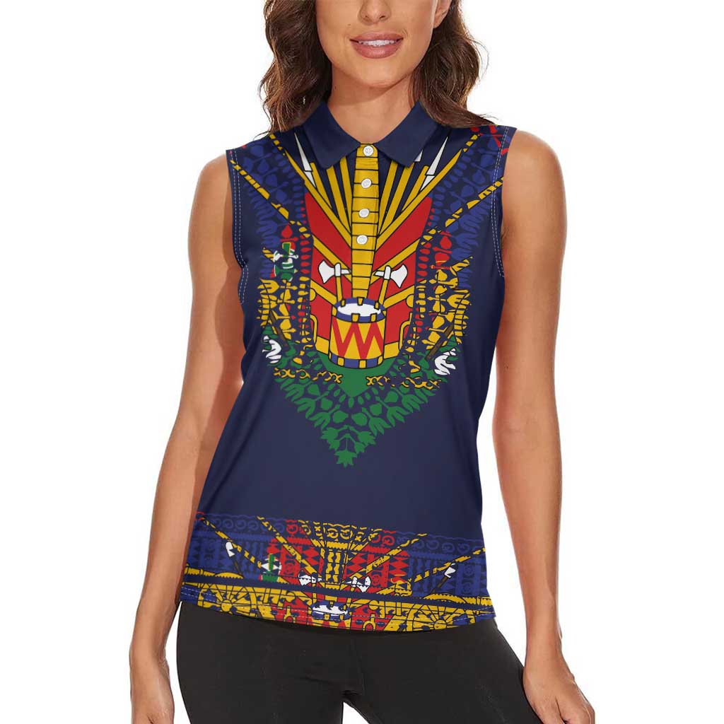 Haiti Flag Traditional Dashiki Women Sleeveless Polo Shirt Black Color