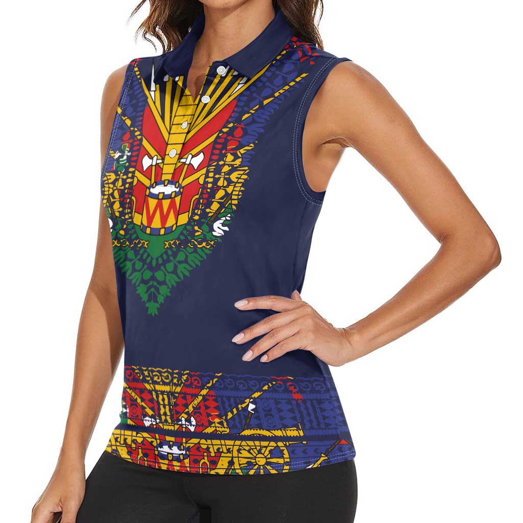 Haiti Flag Traditional Dashiki Women Sleeveless Polo Shirt Black Color