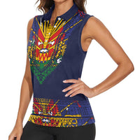 Haiti Flag Traditional Dashiki Women Sleeveless Polo Shirt Black Color