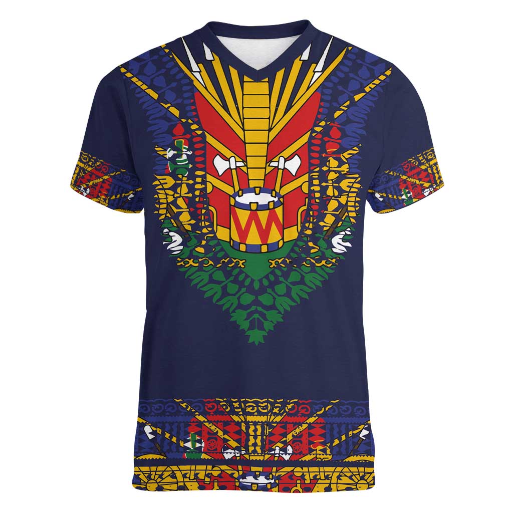 Haiti Flag Traditional Dashiki Women V-Neck T-Shirt Black Color