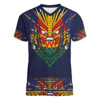 Haiti Flag Traditional Dashiki Women V-Neck T-Shirt Black Color