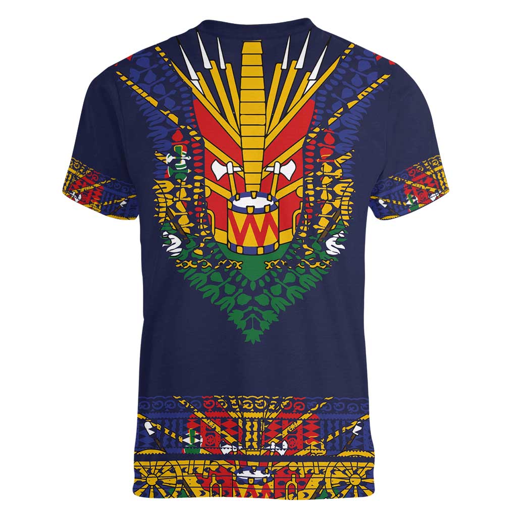 Haiti Flag Traditional Dashiki Women V-Neck T-Shirt Black Color