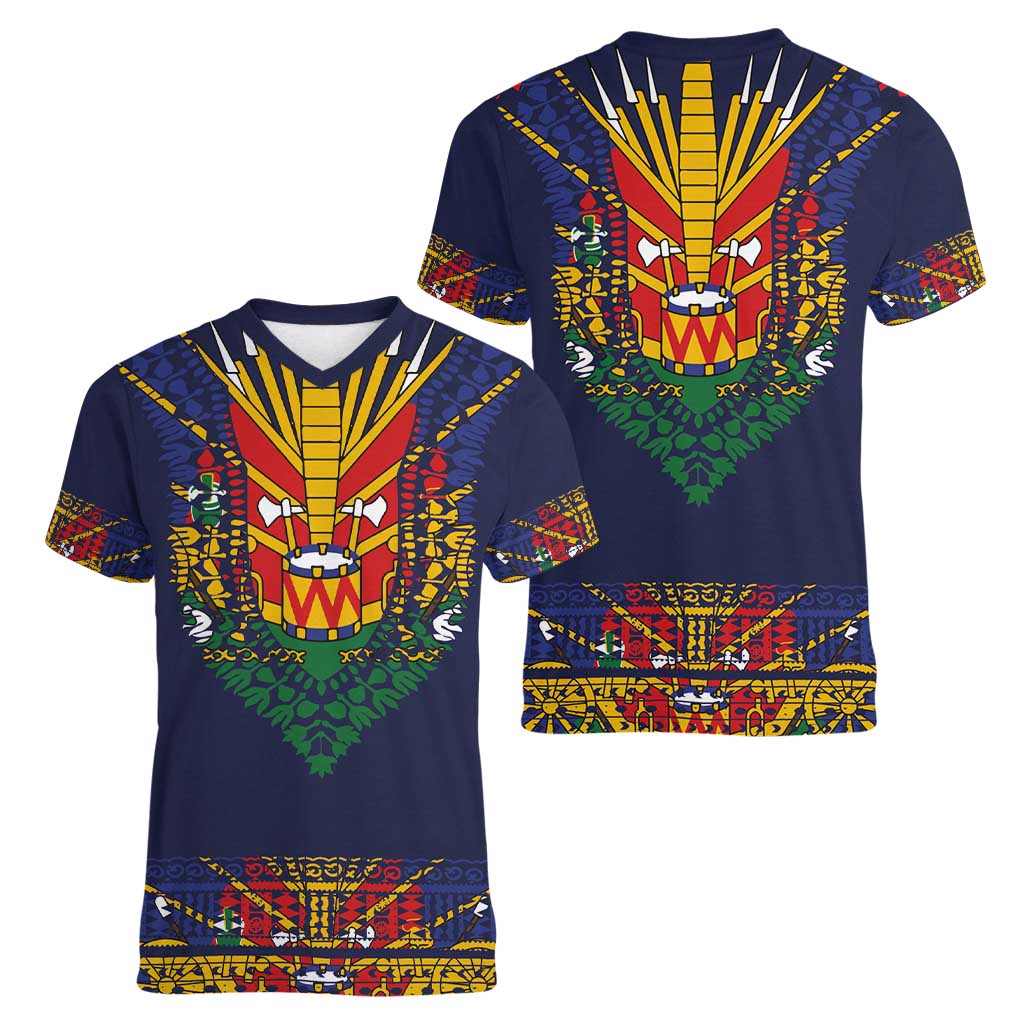 Haiti Flag Traditional Dashiki Women V-Neck T-Shirt Black Color