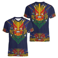 Haiti Flag Traditional Dashiki Women V-Neck T-Shirt Black Color