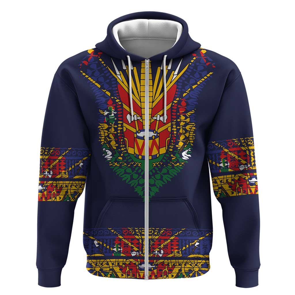 Haiti Flag Traditional Dashiki Zip Hoodie Black Color