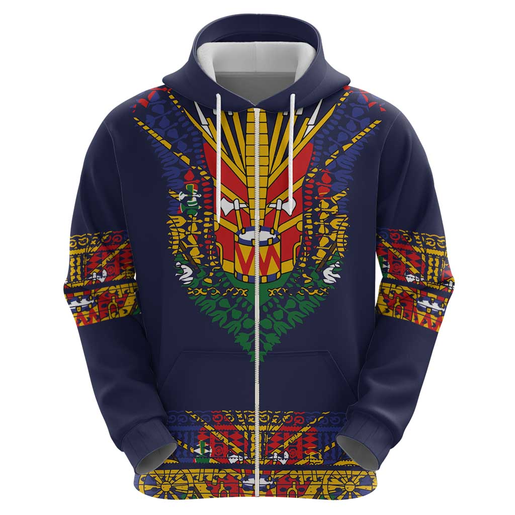 Haiti Flag Traditional Dashiki Zip Hoodie Black Color