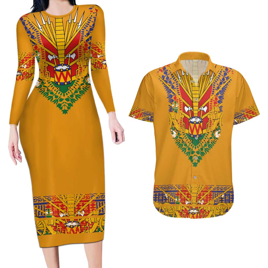 Haiti Flag Traditional Dashiki Couples Matching Long Sleeve Bodycon Dress and Hawaiian Shirt Yellow Color
