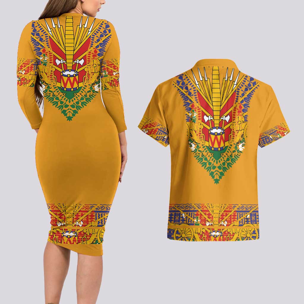Haiti Flag Traditional Dashiki Couples Matching Long Sleeve Bodycon Dress and Hawaiian Shirt Yellow Color