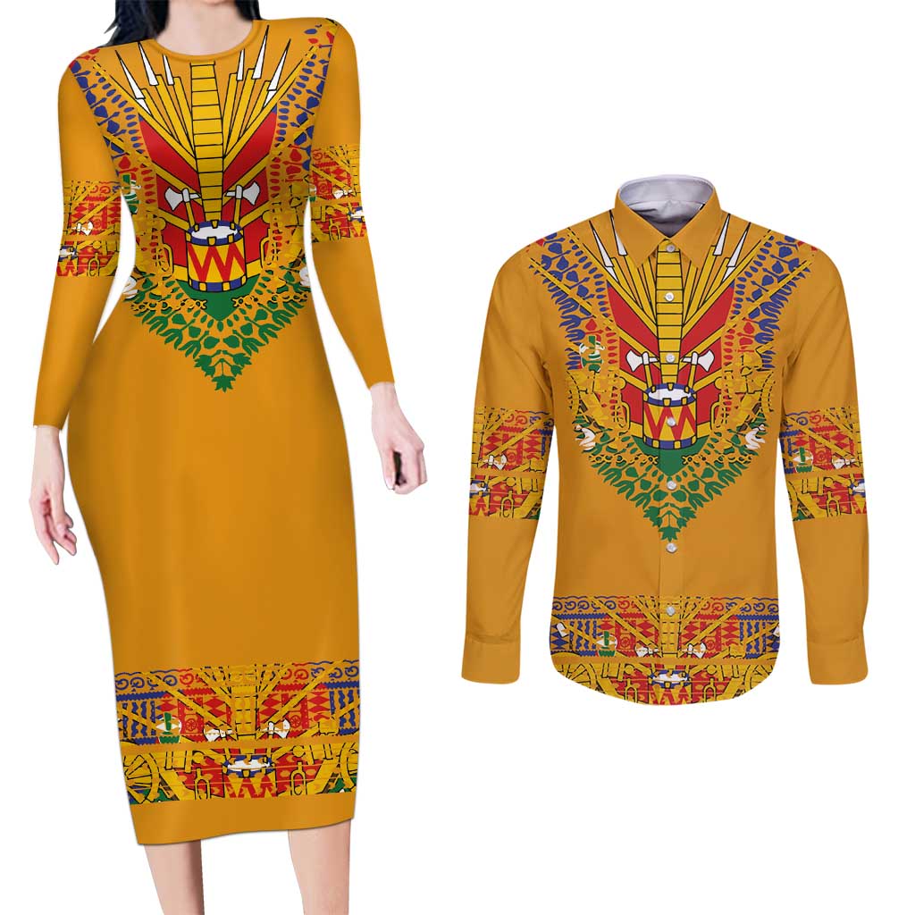 Haiti Flag Traditional Dashiki Couples Matching Long Sleeve Bodycon Dress and Long Sleeve Button Shirt Yellow Color