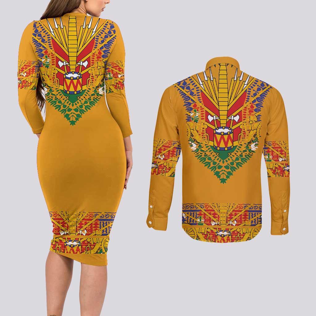 Haiti Flag Traditional Dashiki Couples Matching Long Sleeve Bodycon Dress and Long Sleeve Button Shirt Yellow Color