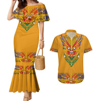 Haiti Flag Traditional Dashiki Couples Matching Mermaid Dress and Hawaiian Shirt Yellow Color