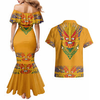 Haiti Flag Traditional Dashiki Couples Matching Mermaid Dress and Hawaiian Shirt Yellow Color