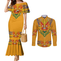 Haiti Flag Traditional Dashiki Couples Matching Mermaid Dress and Long Sleeve Button Shirt Yellow Color