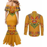 Haiti Flag Traditional Dashiki Couples Matching Mermaid Dress and Long Sleeve Button Shirt Yellow Color