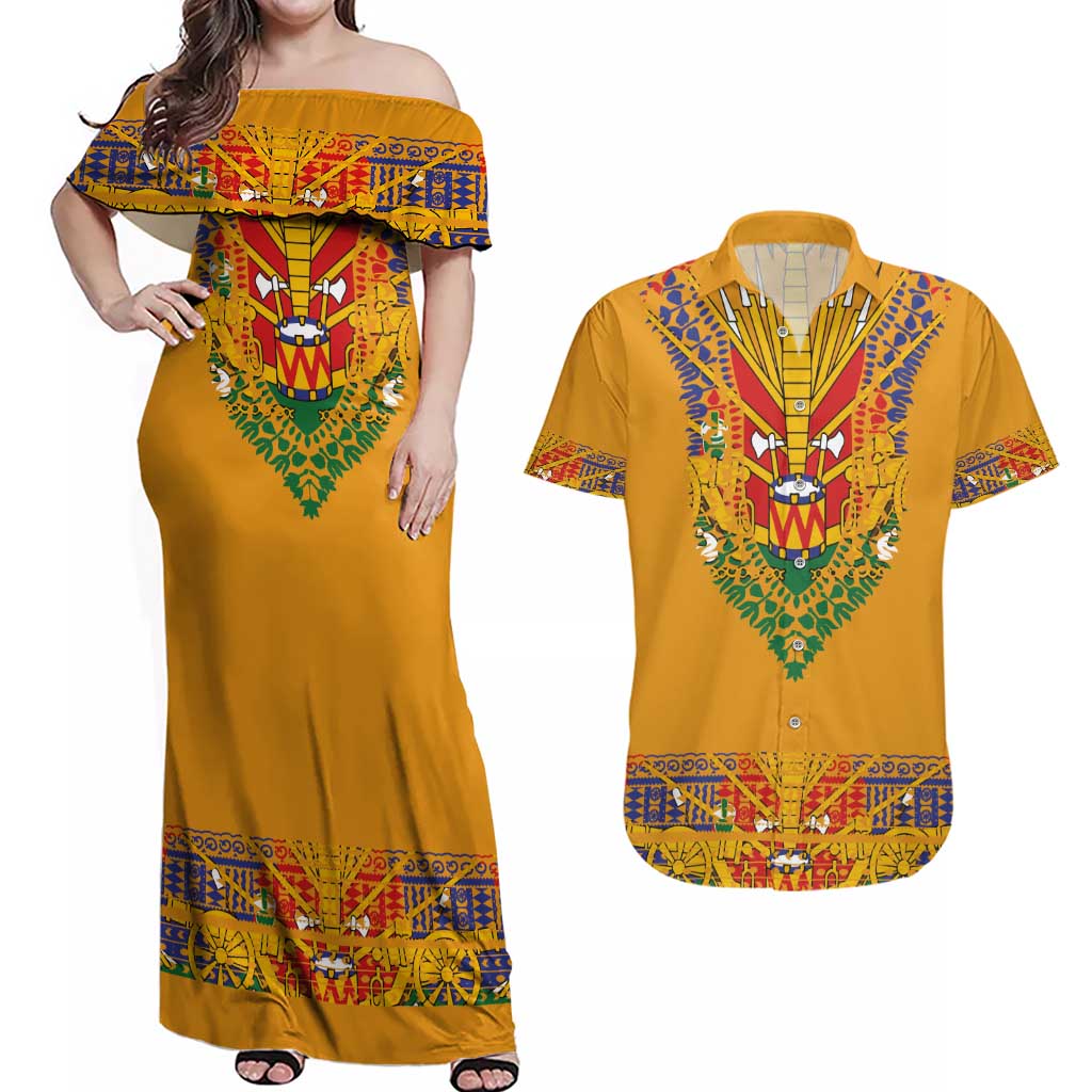 Haiti Flag Traditional Dashiki Couples Matching Off Shoulder Maxi Dress and Hawaiian Shirt Yellow Color