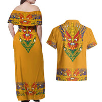 Haiti Flag Traditional Dashiki Couples Matching Off Shoulder Maxi Dress and Hawaiian Shirt Yellow Color